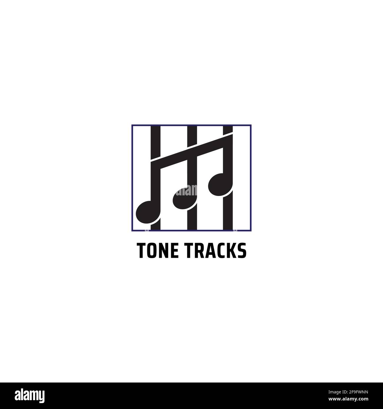 Tone Tracks logo design template isolated on white color background. Musical note with vertical stipes in a square frame vector illustration. Stock Vector