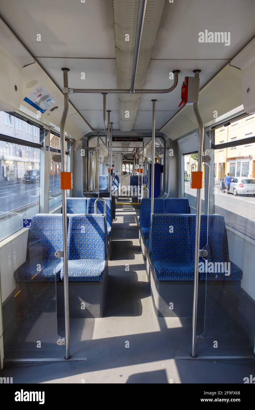 Kassel, Germany - August 8, 2020: Tram interior Bombardier Flexity Classic public transport portrait format in Kassel, Germany. Stock Photo