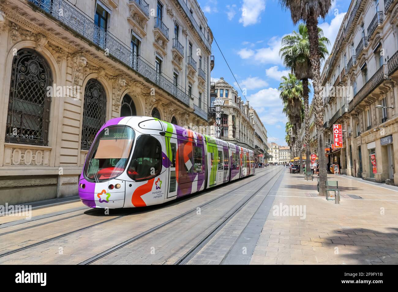 Montpellier, France - May 24, 2015: Tram Tramway de Montpellier public transport transit transportation in the Rue de Maguelone in Montpellier, France Stock Photo