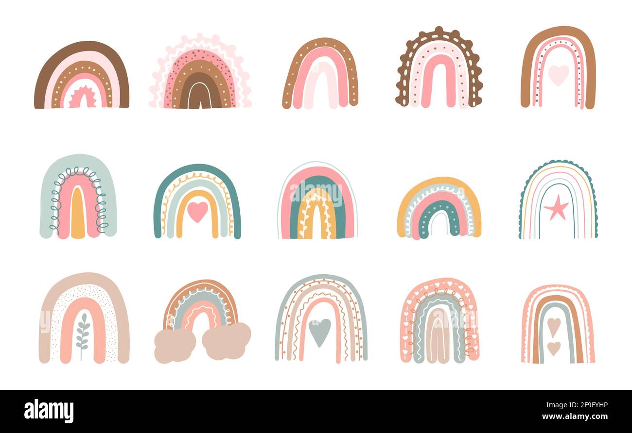 Pastel boho rainbow. Cute hand drawn modern stickers for nursery ...