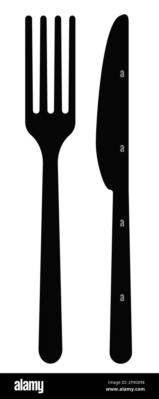 A graphic illustration of a knife and fork for use as a logo or icon