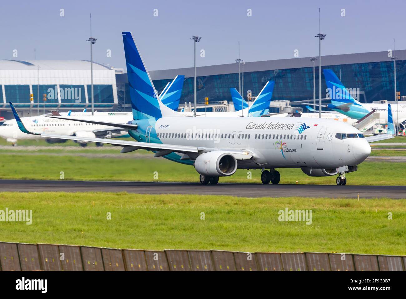 Jakarta, Indonesia - January 27, 2018: Garuda Indonesia Boeing 737 airplane at Jakarta Soekarno-Hatta airport (CGK) in Indonesia. Boeing is an America Stock Photo