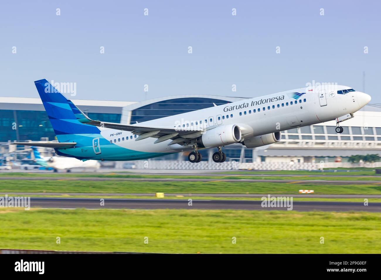 Jakarta, Indonesia - January 27, 2018: Garuda Indonesia Boeing 737 airplane at Jakarta Soekarno-Hatta airport (CGK) in Indonesia. Boeing is an America Stock Photo