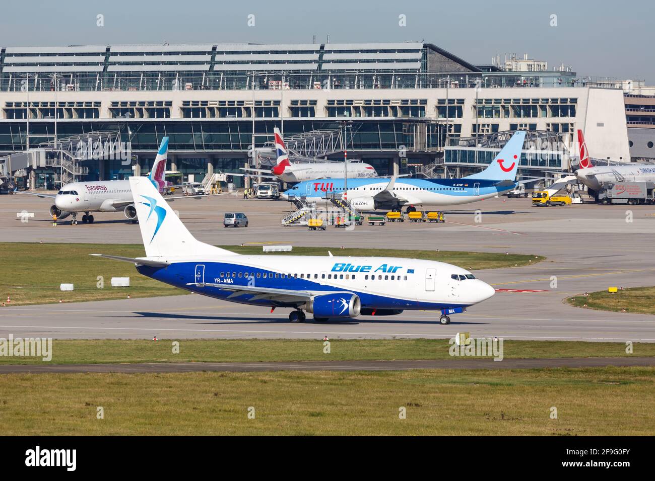 Stuttgart, Germany - October 13, 2018: Blue Air Boeing 737 airplane at Stuttgart airport (STR) in Germany. Boeing is an American aircraft manufacturer Stock Photo