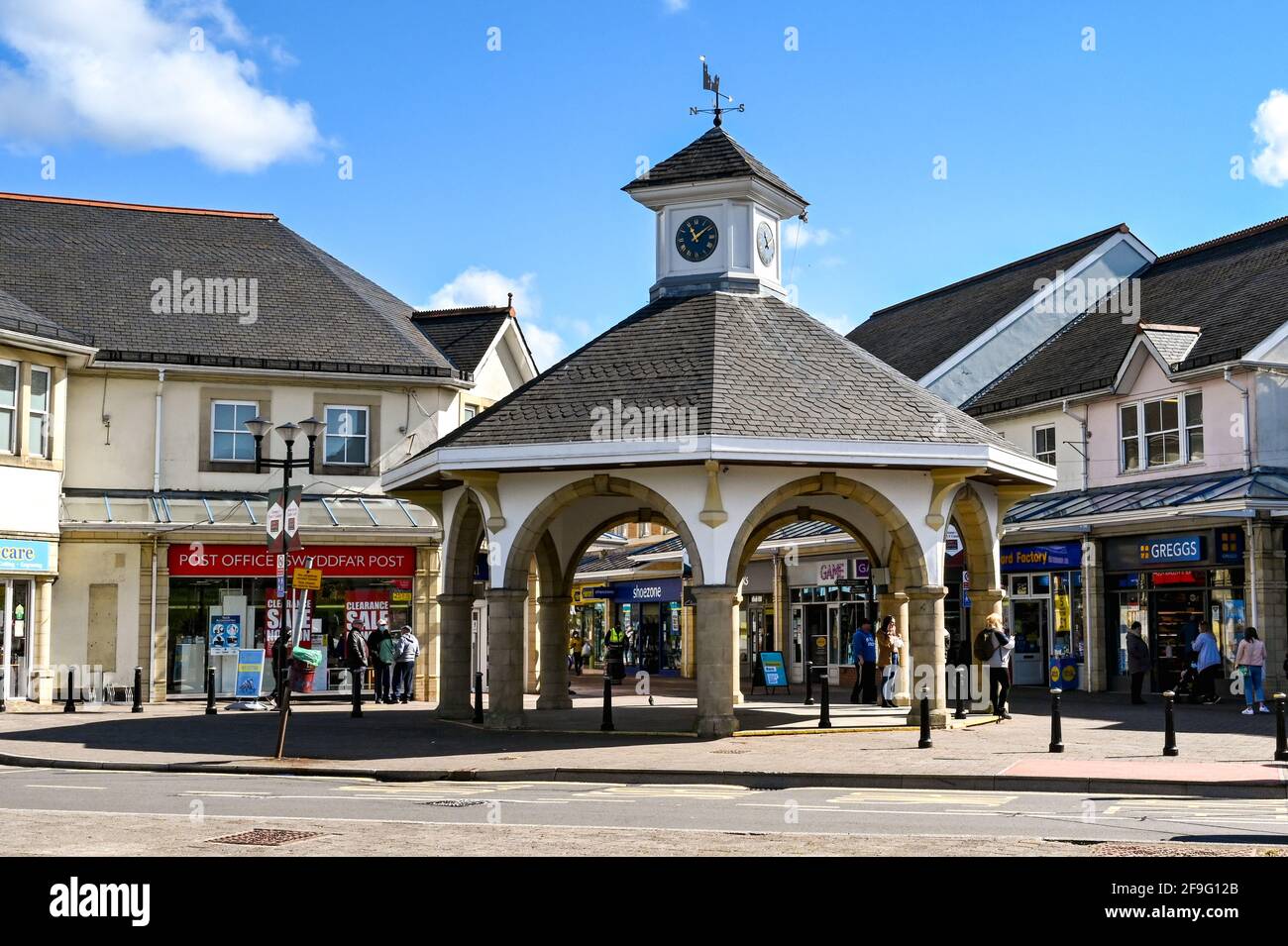 Caerphilly, Wales April 2021 Clock tower at the entrance to the