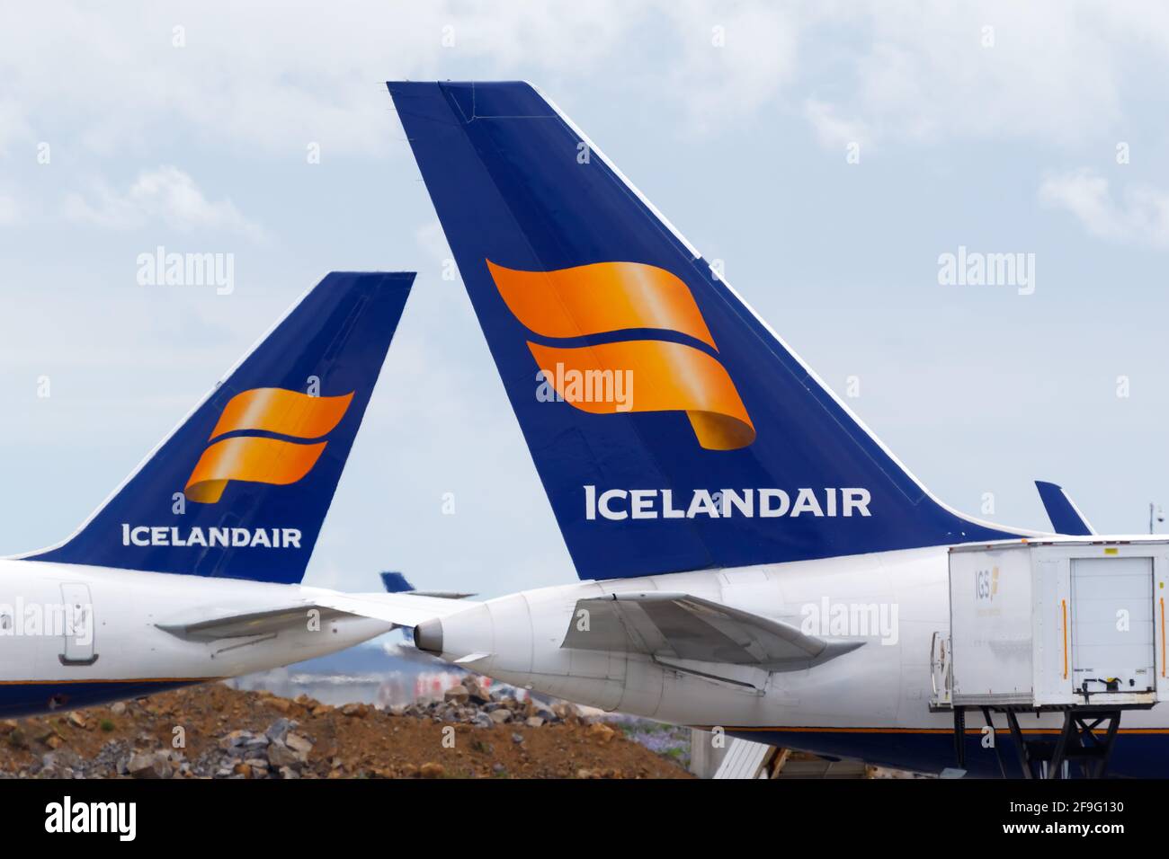 Keflavik, Iceland - July 3, 2017: Icelandair Boeing airplane tails at Reykjavik Keflavik airport (KEF) in Iceland. Stock Photo