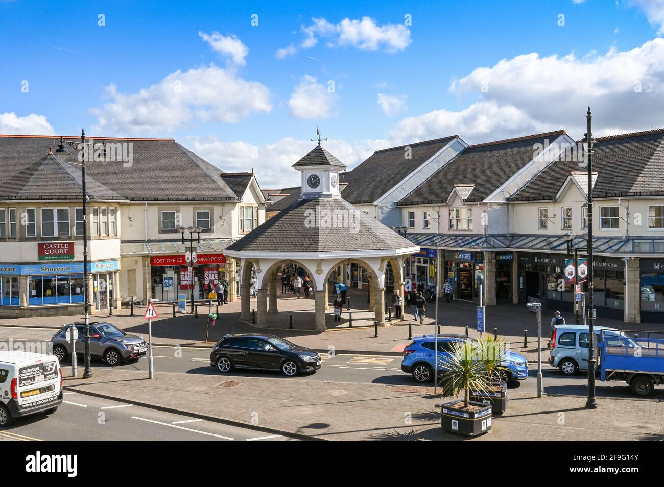 Caerphilly, Wales April 2021 Clock tower at the entrance to the