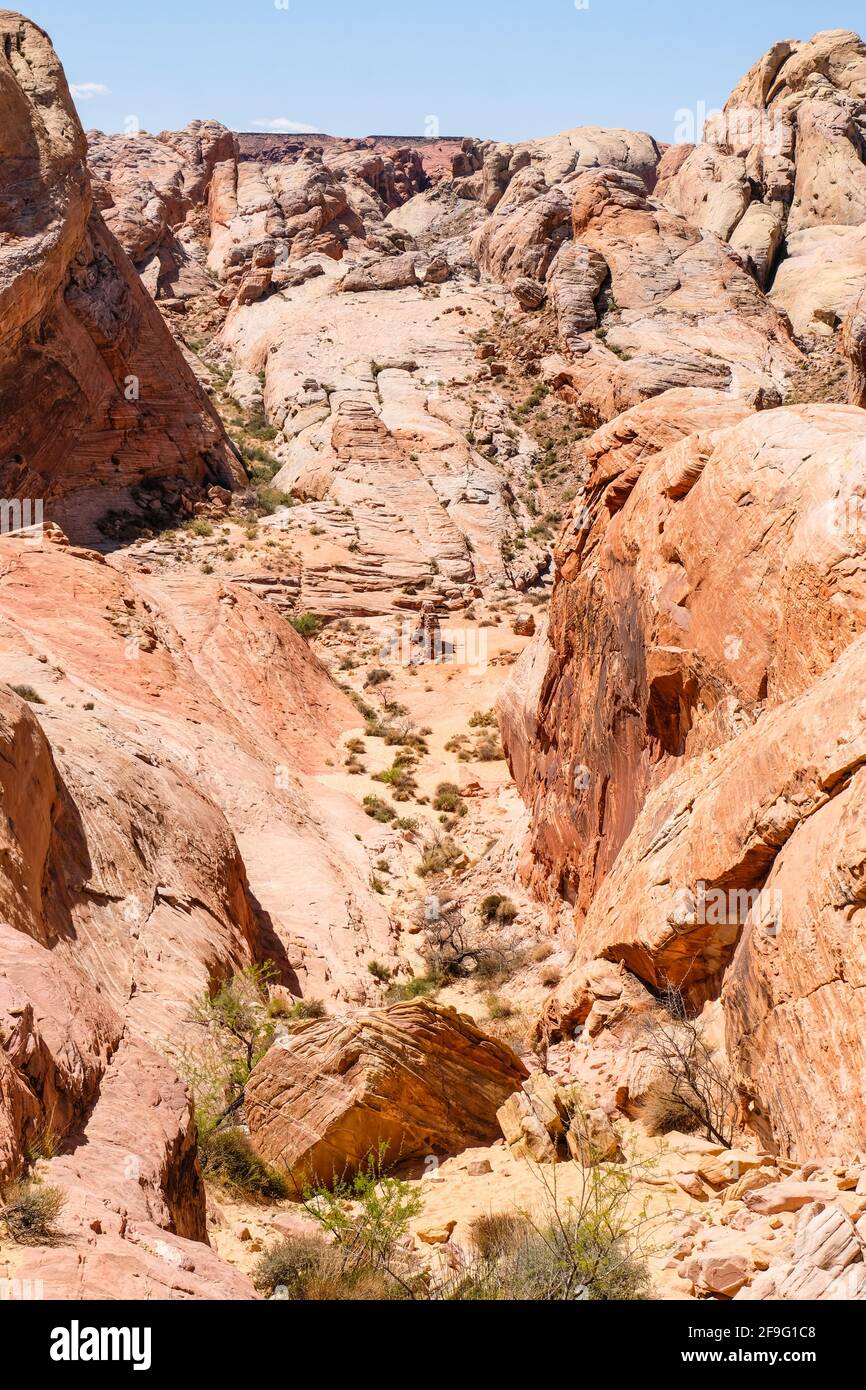 The White Dome Trail Between Limestone Rock And Aztec Red Sandstone Under Blue Spring Cloudless Sky at Valley of Fire State Park in Nevada Stock Photo