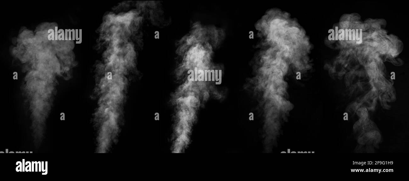 Set of different fog or smoke on a black background. Abstract background, design element. Stock Photo