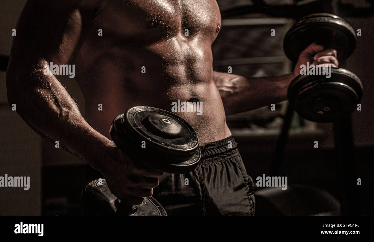 Abs and biceps. Muscular man with dumbell. Strong bodybuilder in the ...