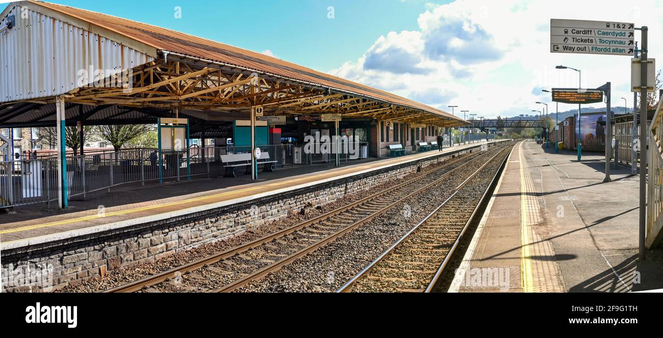 Caerphilly, Wales - April 2021: Wide angle view of Caerphilly railway station. It is a main line linking the South Wales valleys with Cardiff Stock Photo