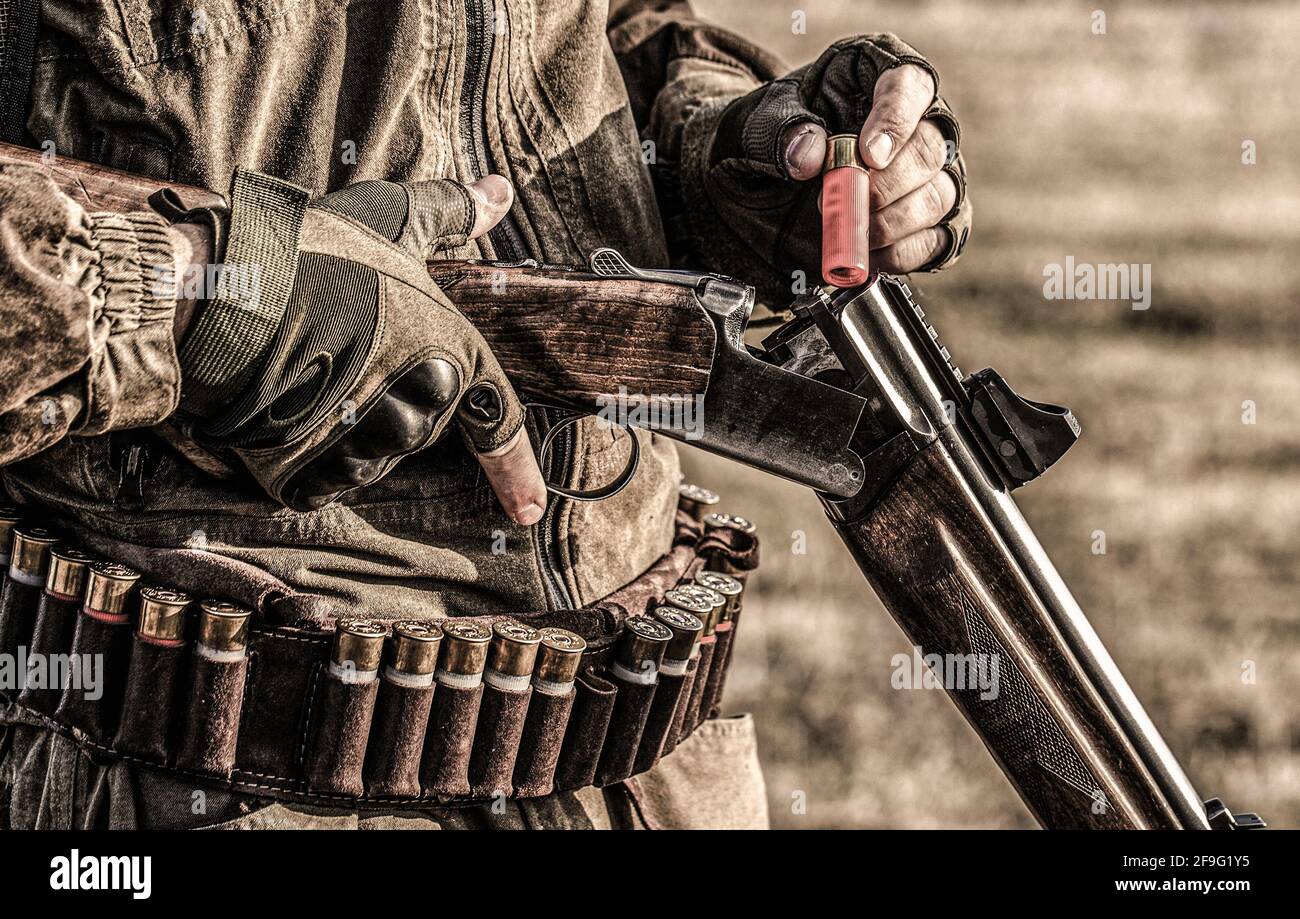 Process of hunting during hunting season. Male hunter in ready to hunt