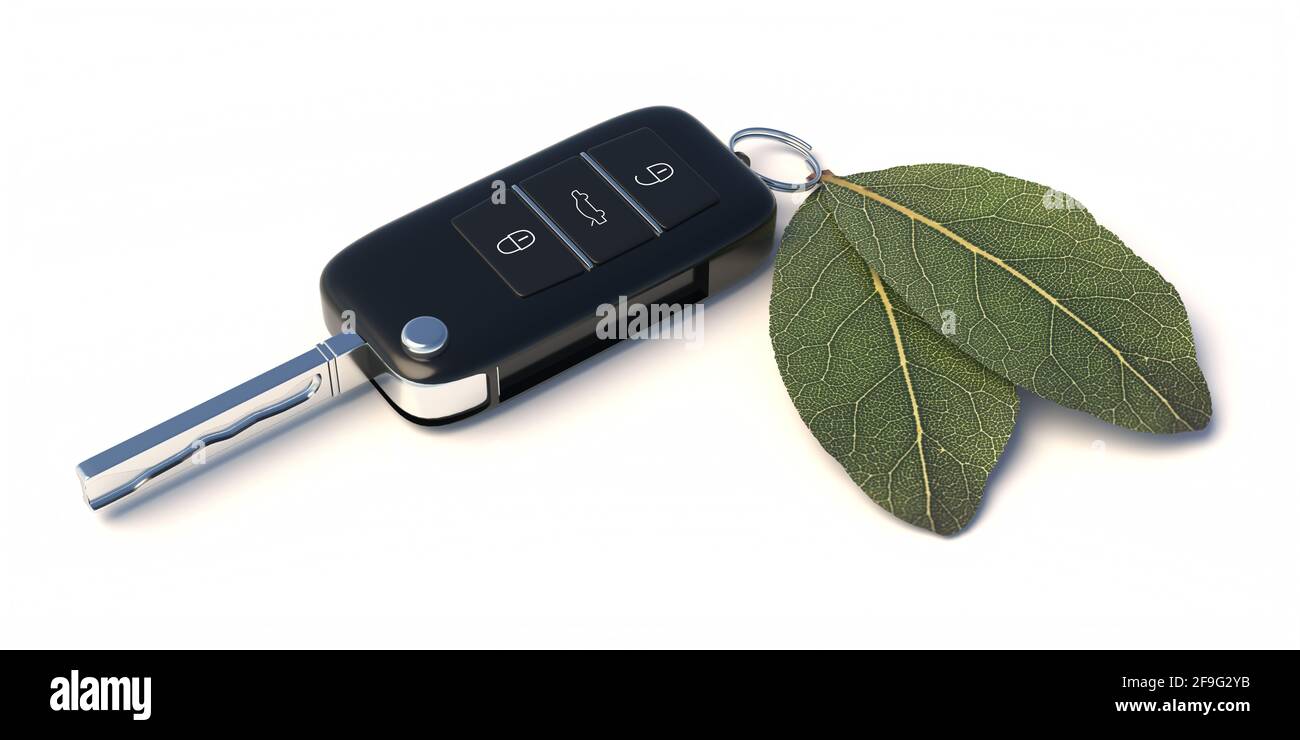 Eco friendly car concept. Car key and green leaf isolated on white background, Ecology driving, no pollution and emission transportation. 3d illustrat Stock Photo