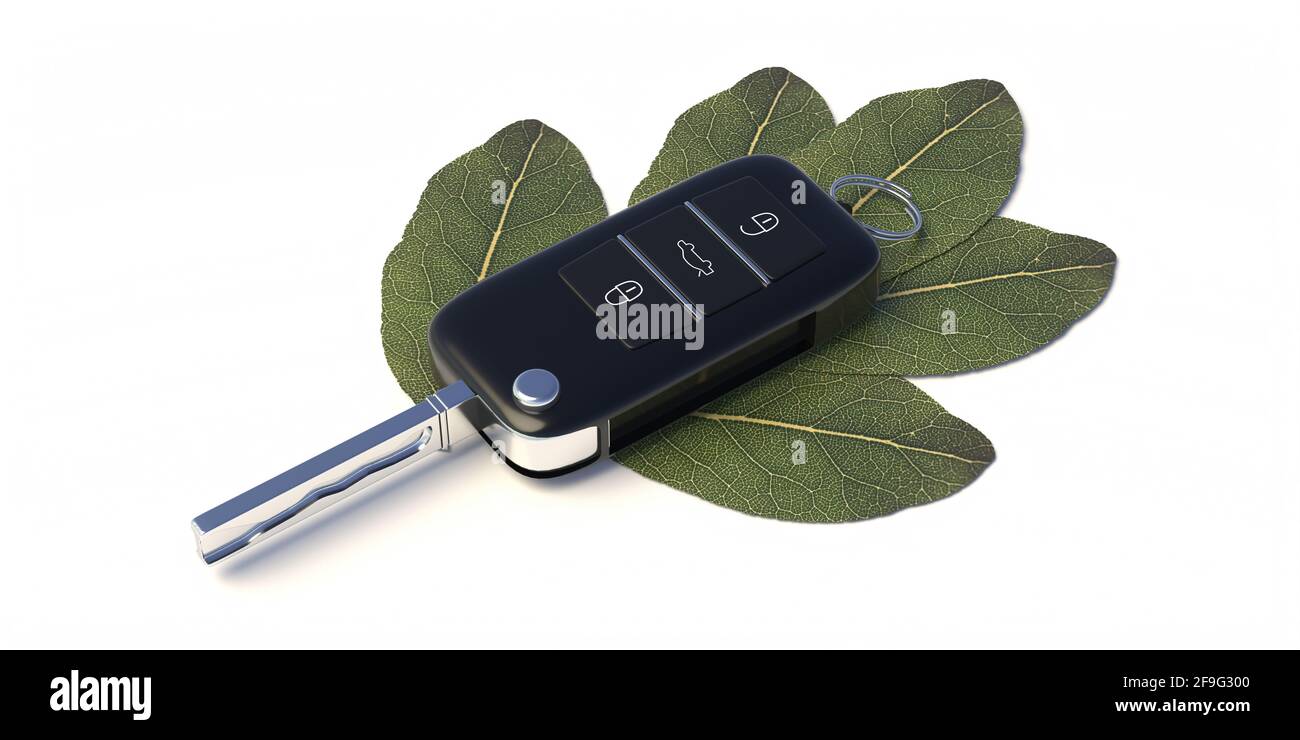 Eco friendly car concept. Car key and green leaf isolated on white background, Ecology driving, no pollution and emission transportation. 3d illustrat Stock Photo