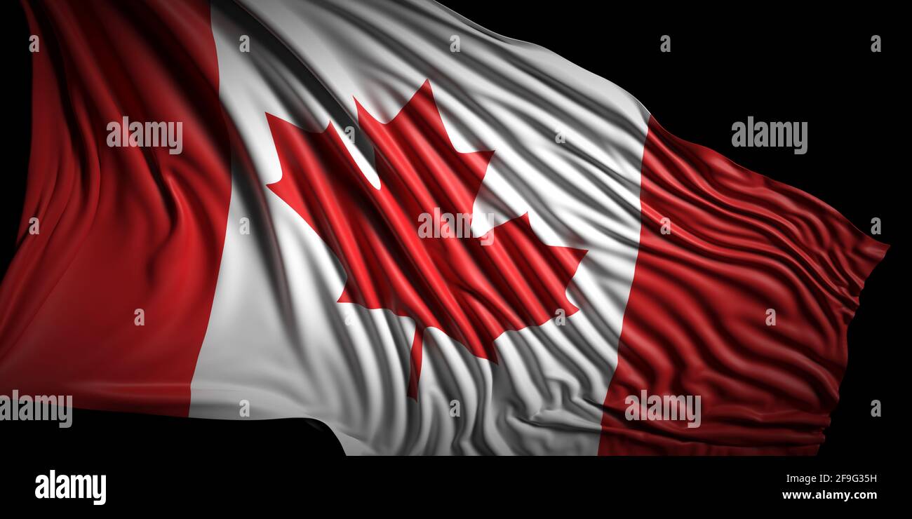 Canada sign symbol. Canadian national flag waving on black background, banner. 3d illustration Stock Photo