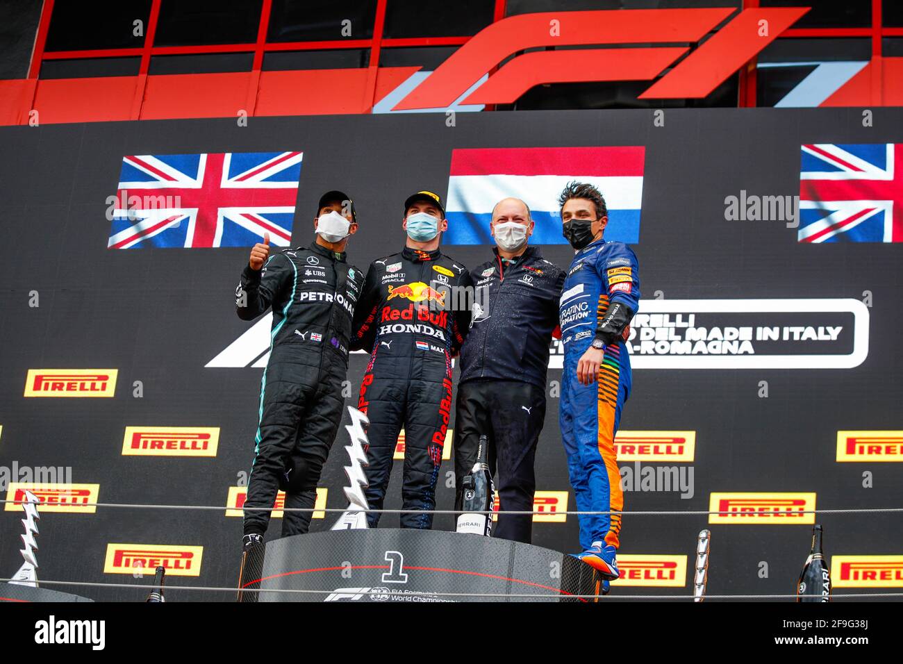 Imola, Italy. 18th Apr, 2021. The podium (L to R): Lewis Hamilton (GBR) Mercedes AMG F1, second; Max Verstappen (NLD) Red Bull Racing, race winner; Karl Sengstbratl, Red Bull Racing Finance & Operations Director; Lando Norris (GBR) McLaren, third. Emilia Romagna Grand Prix, Sunday 18th April 2021. Imola, Italy. FIA Pool Image for Editorial Use Only Credit: James Moy/Alamy Live News Stock Photo