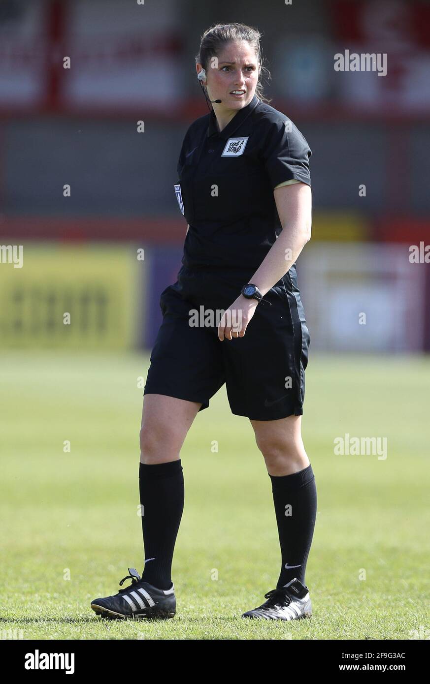 Crawley, UK. 18th April 2021. Referee, Louise Saunders during the Vitality Women's FA Cup match between Brighton & Hove Albion Women and Bristol City Women at The People's Pension Stadium on April 18th 2021 in Crawley, United Kingdom Stock Photo