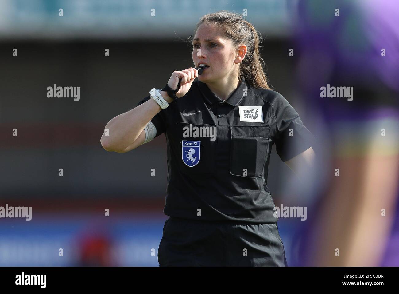 Crawley, UK. 18th April 2021. Referee, Louise Saunders during the Vitality Women's FA Cup match between Brighton & Hove Albion Women and Bristol City Women at The People's Pension Stadium on April 18th 2021 in Crawley, United Kingdom Stock Photo