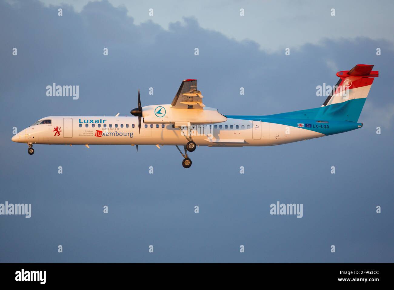 Hamburg, Germany - 02. September 2015: Luxair Bombardier Dash-8-Q400 at Hamburg airport (HAM) in Germany. Bombardier is an aircraft manufacturer based Stock Photo