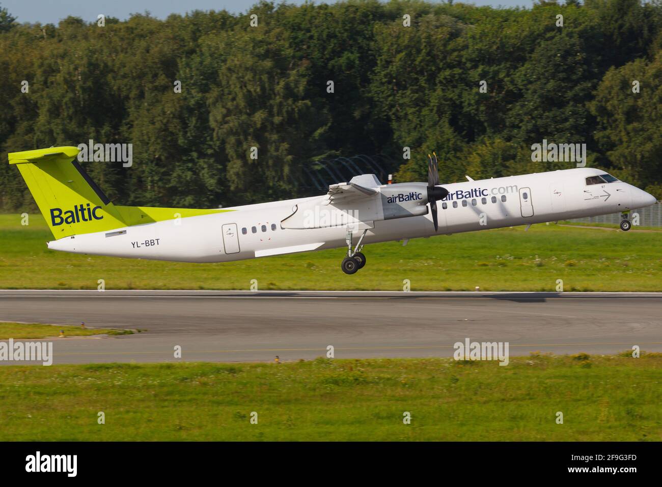 Hamburg, Germany - 03. September 2015: AirBaltic Bombardier Dash-8-Q400 at Hamburg airport (HAM) in Germany. Bombardier is an aircraft manufacturer ba Stock Photo