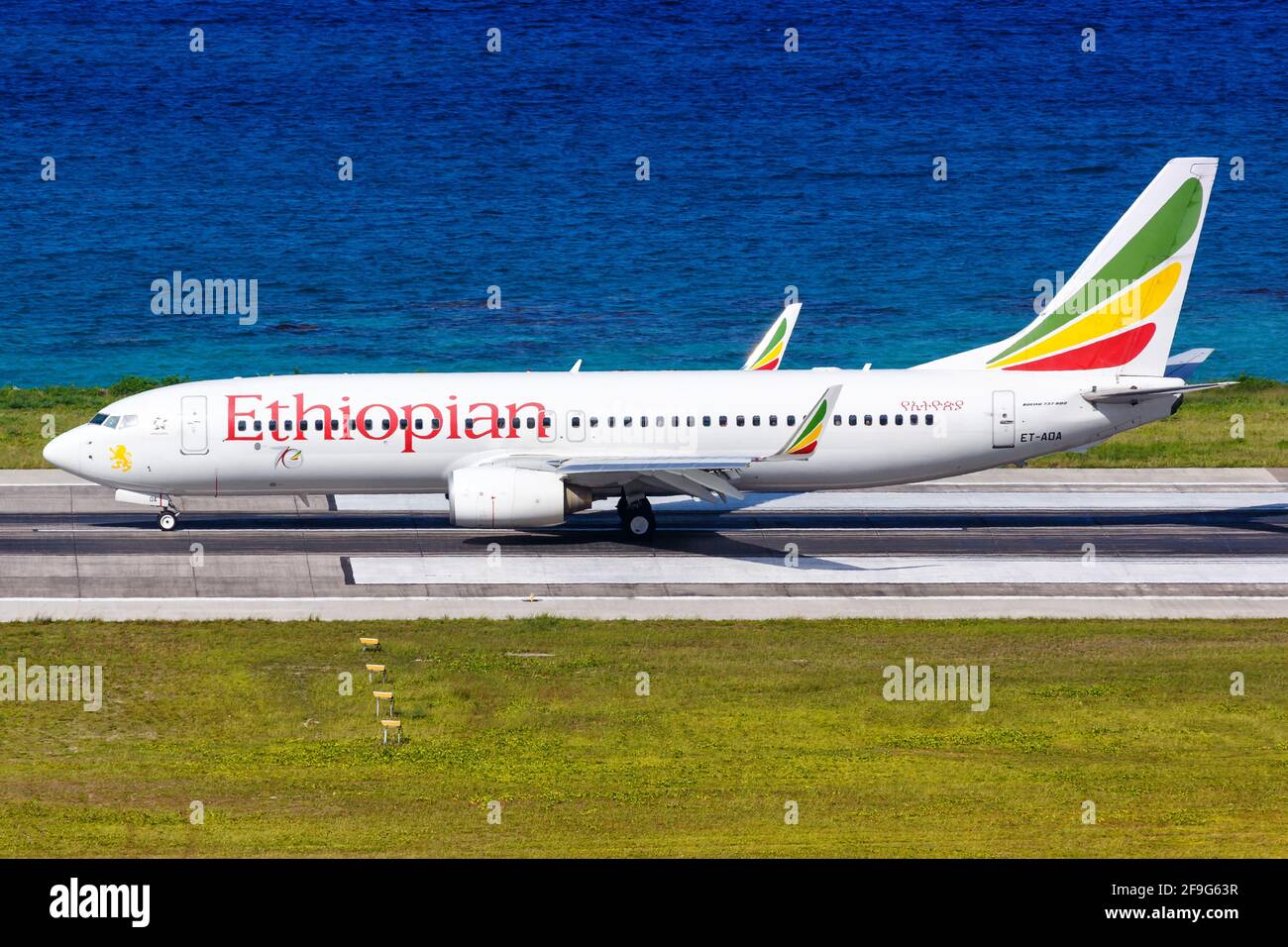 Mahe, Seychelles - November 25, 2017: Ethiopian Boeing 737-800 airplane at Seychelles International Airport (SEZ) in the Seychelles. Boeing is an Amer Stock Photo