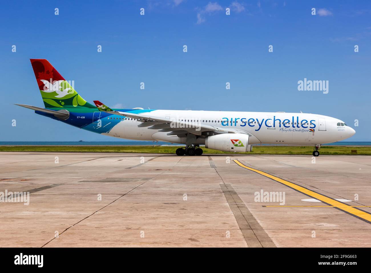 Mahe, Seychelles - November 26, 2017: Air Seychelles Airbus A330 airplane at Seychelles International Airport (SEZ) in the Seychelles. Airbus is a Eur Stock Photo