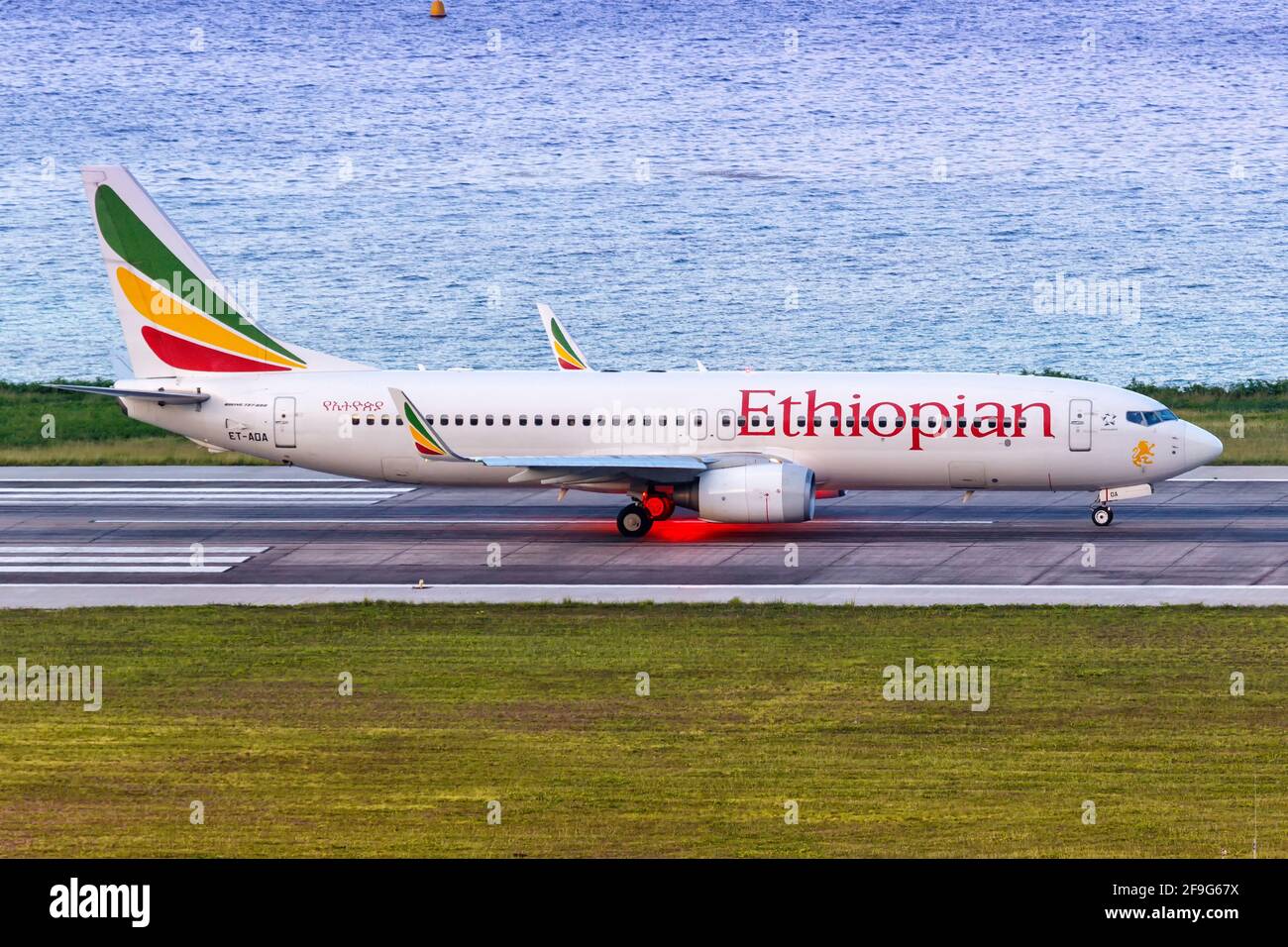 Mahe, Seychelles - November 23, 2017: Ethiopian Boeing 737-800 airplane at Seychelles International Airport (SEZ) in the Seychelles. Boeing is an Amer Stock Photo