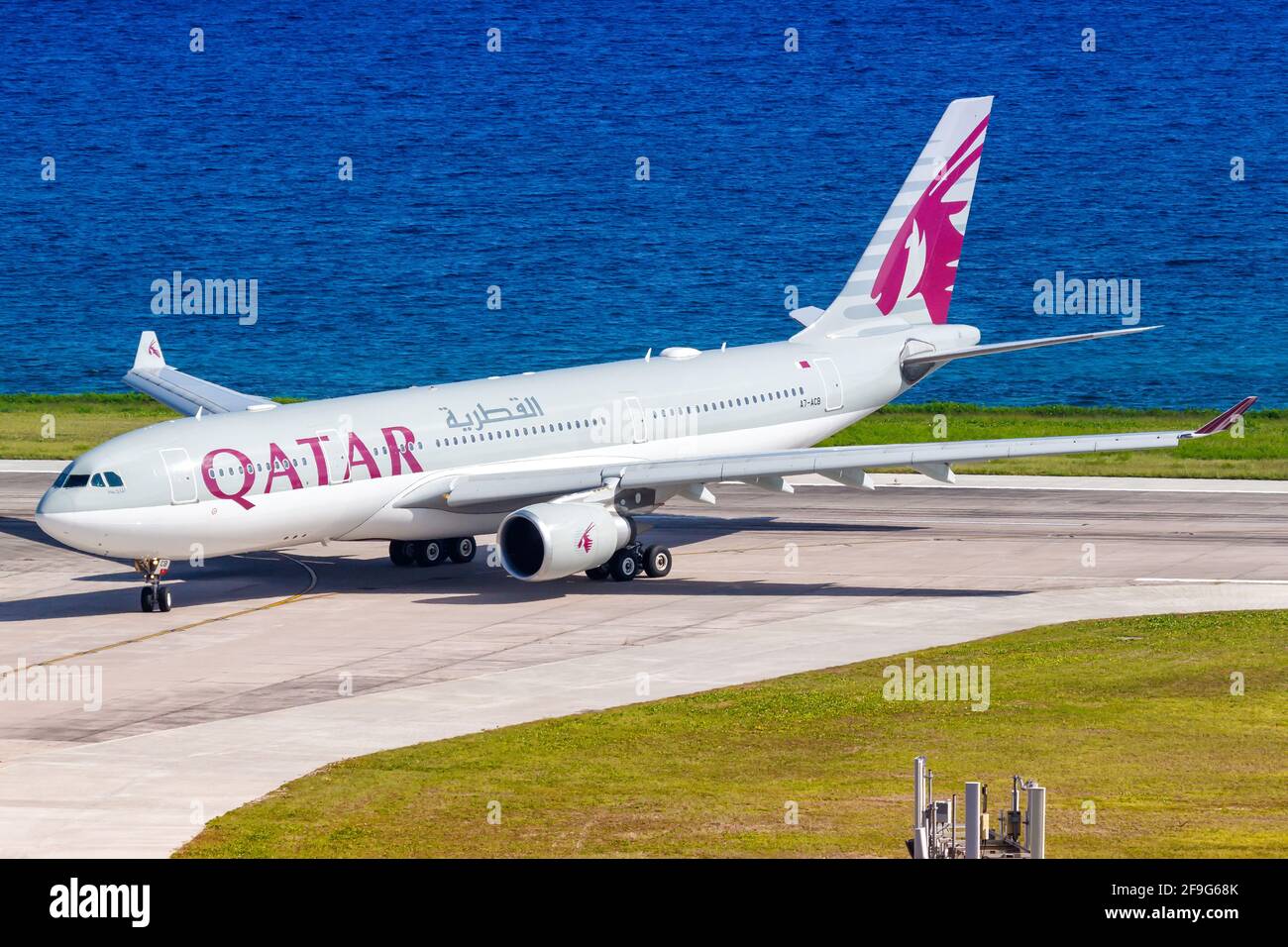 Mahe, Seychelles - November 26, 2017: Qatar Airways Airbus A330 airplane at Seychelles International Airport (SEZ) in the Seychelles. Airbus is a Euro Stock Photo