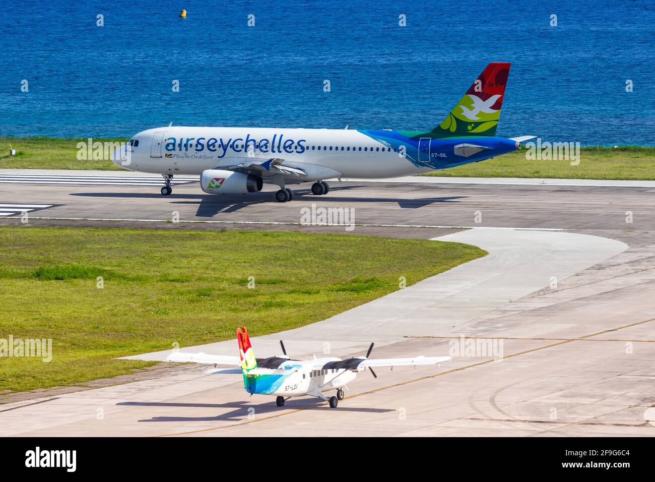 Mahe, Seychelles - November 25, 2017: Air Seychelles airplanes at Seychelles International Airport (SEZ) in the Seychelles. Airbus is a European aircr Stock Photo