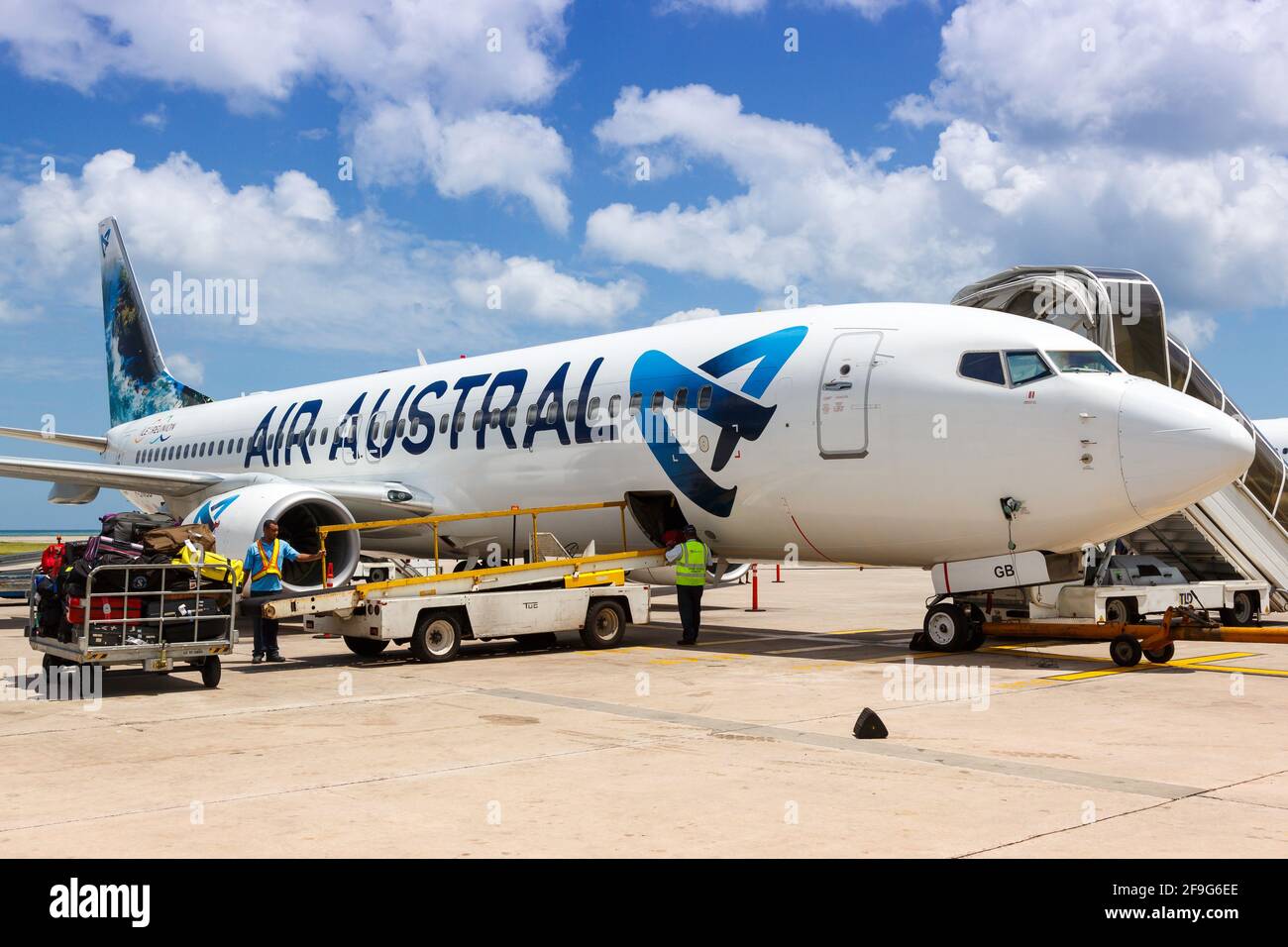 Mahe, Seychelles - November 26, 2017: Air Austral Boeing 737-800 airplane at Seychelles International Airport (SEZ) in the Seychelles. Boeing is an Am Stock Photo