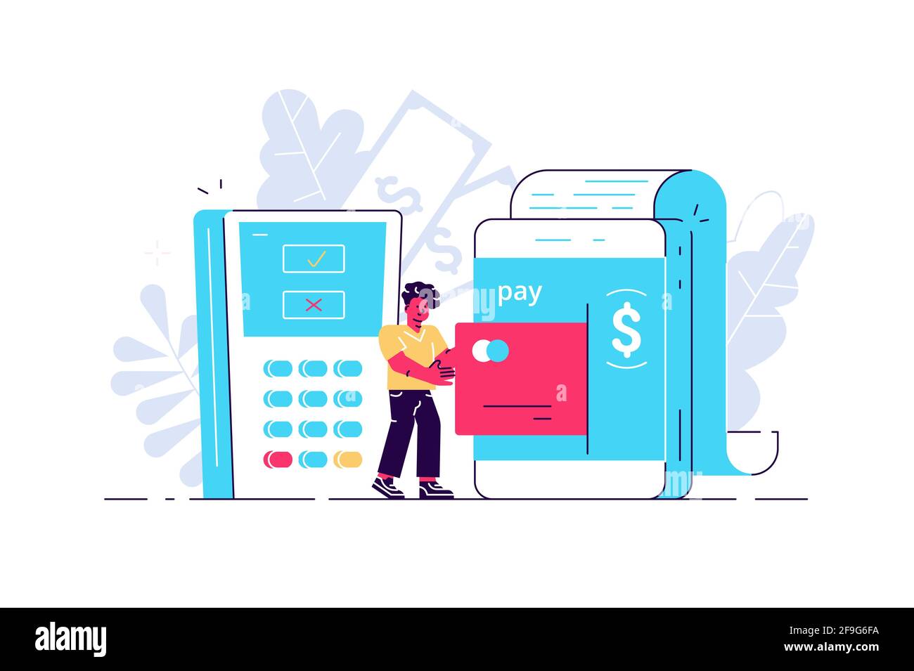 Vector art of cartoon man putting credit card into smartphone with bill ...