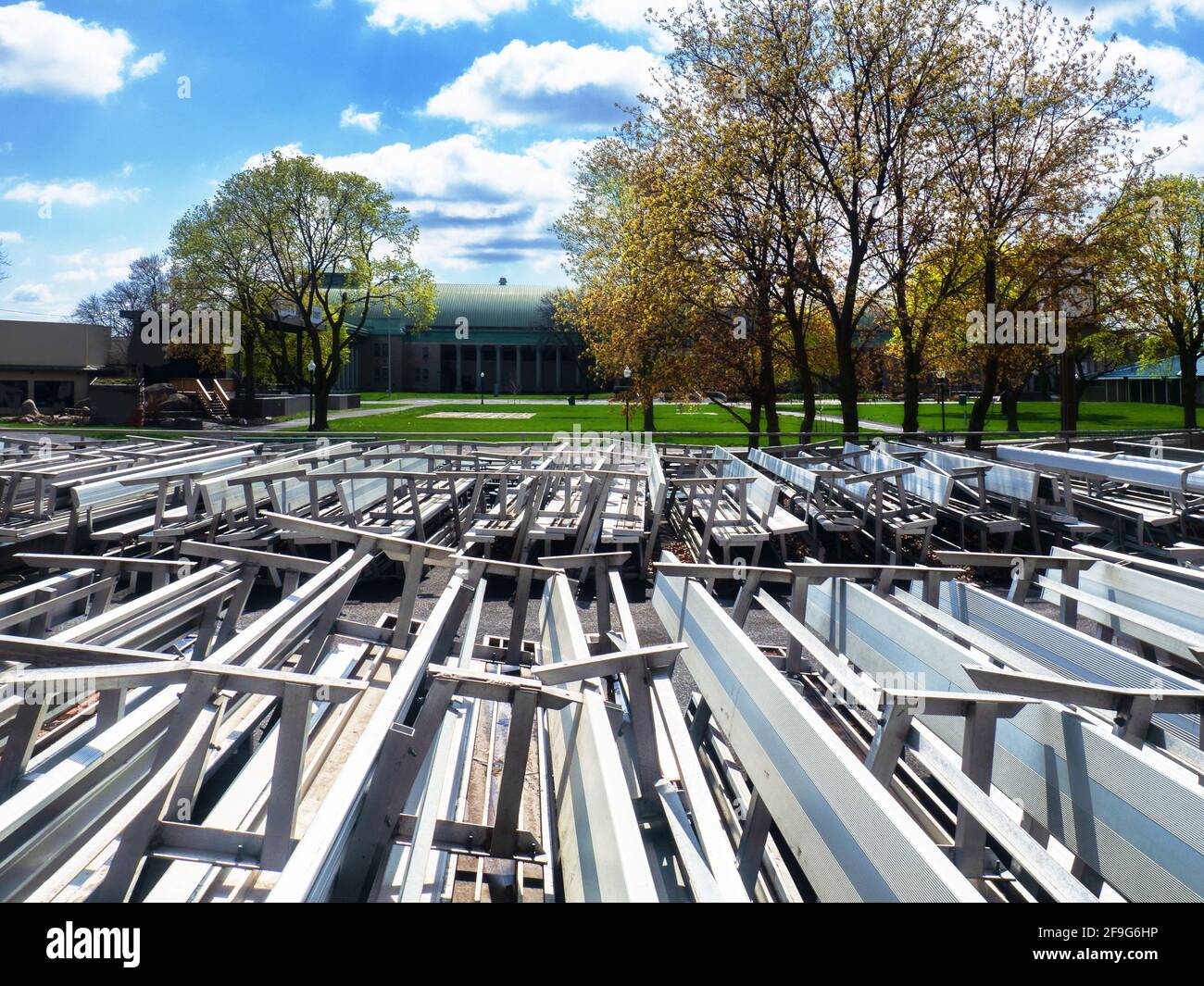 Benches for concerts and special events in storage Stock Photo Alamy