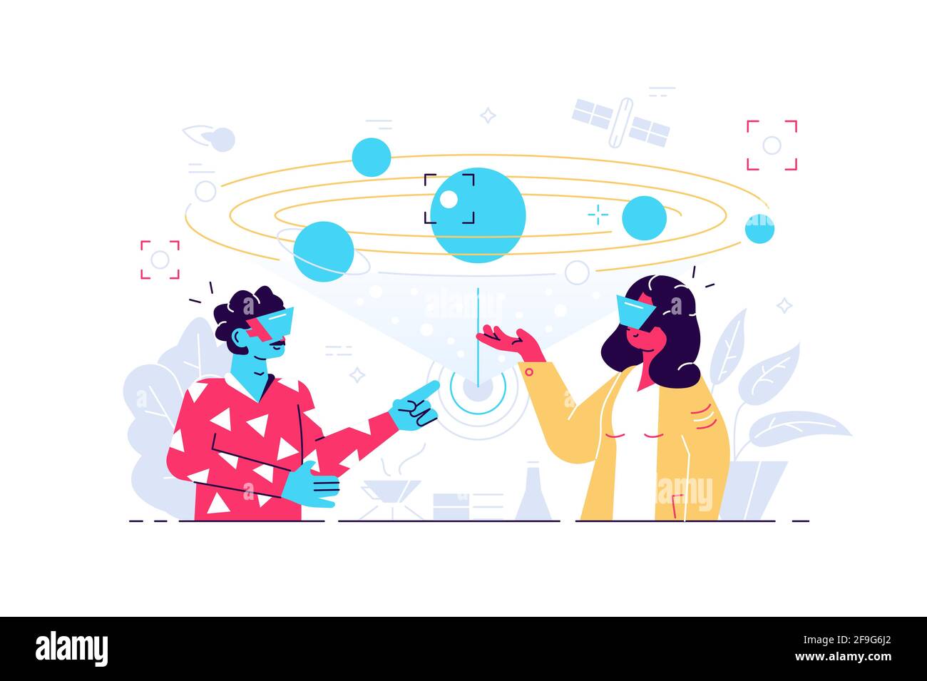 Vector illustration of man and woman characters using virtual reality headsets on white background. Gaming and enjoying VR goggles effects color flat Stock Vector