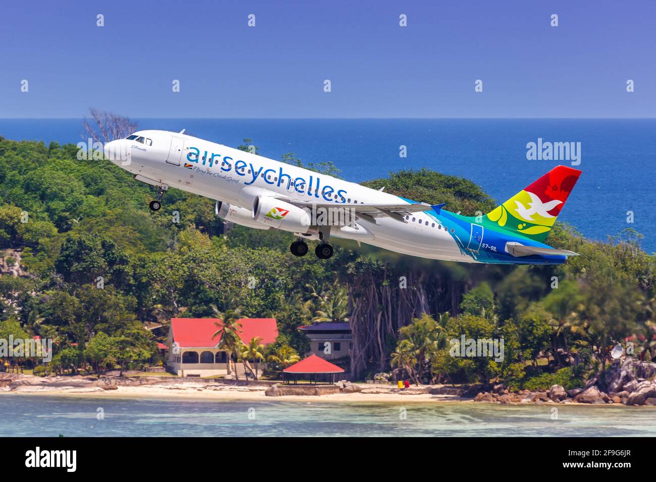 Mahe, Seychelles - November 25, 2017: Air Seychelles Airbus A320 airplane at Seychelles International Airport (SEZ) in the Seychelles. Airbus is a Eur Stock Photo
