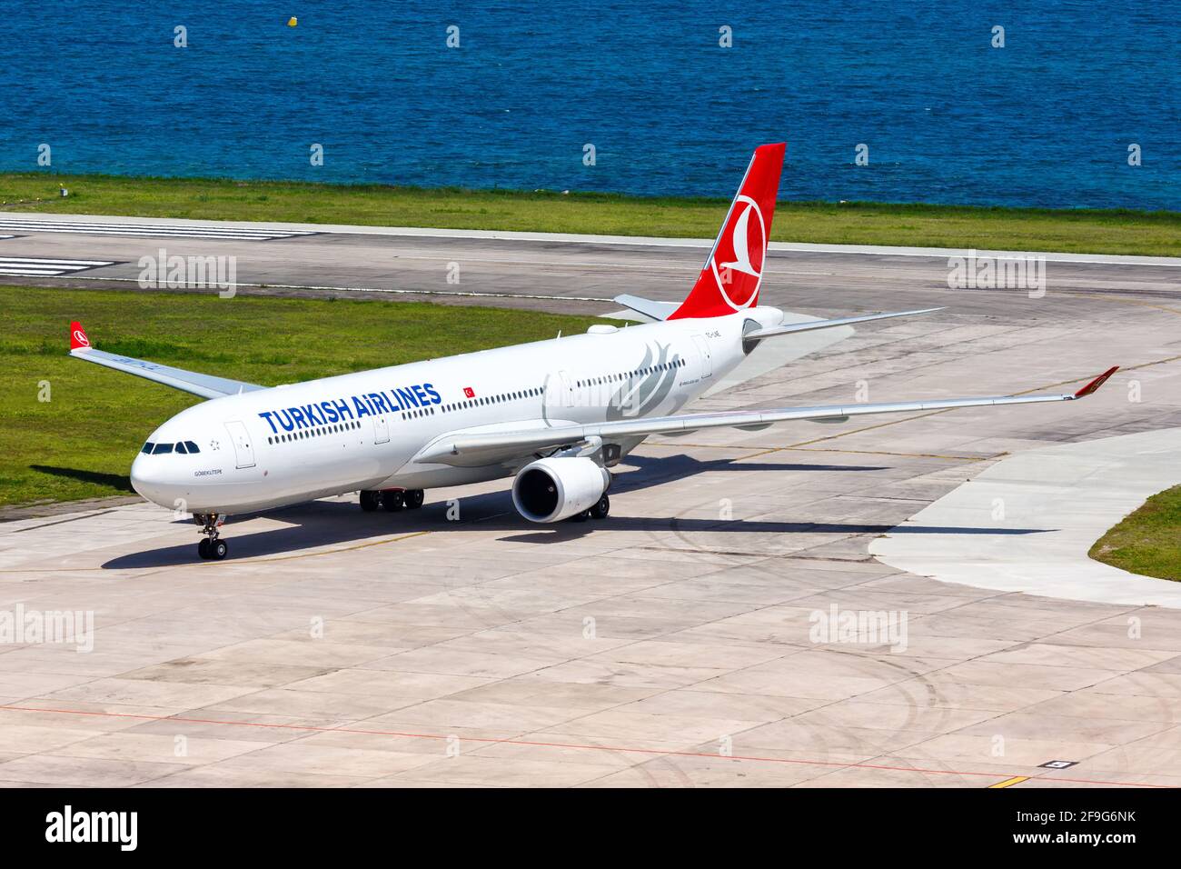 Mahe, Seychelles - November 25, 2017: Turkish Airlines Airbus A330 airplane at Seychelles International Airport (SEZ) in the Seychelles. Airbus is a E Stock Photo
