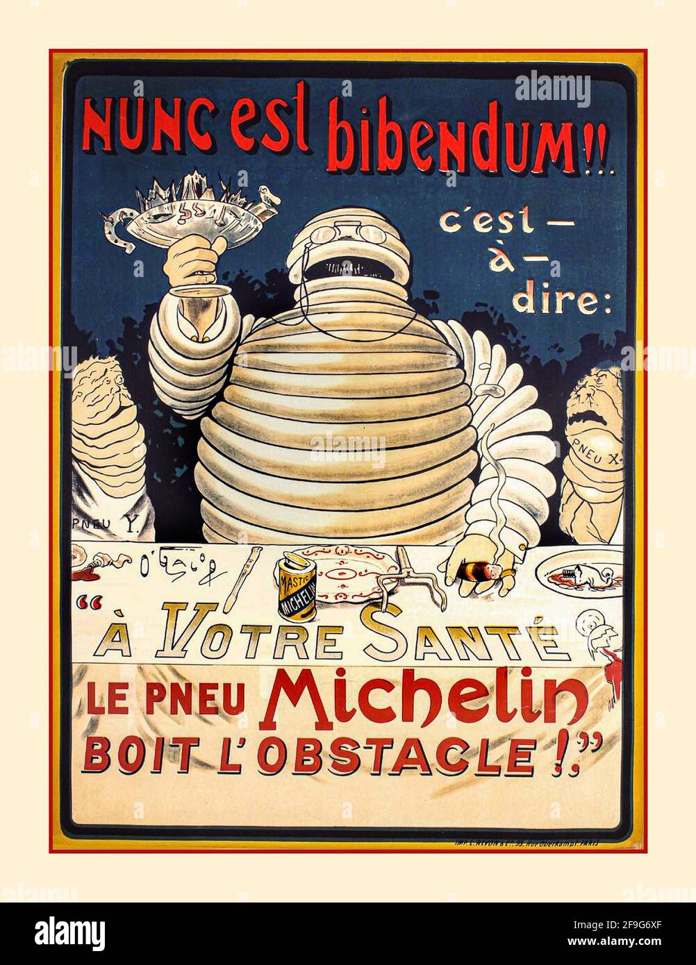 BIBENDUM MICHELIN 1900's Michelin Advertisement Tyres for Automobile Tyres featuring the Bibendum man an icon used in early Michelin poster advertising Stock Photo