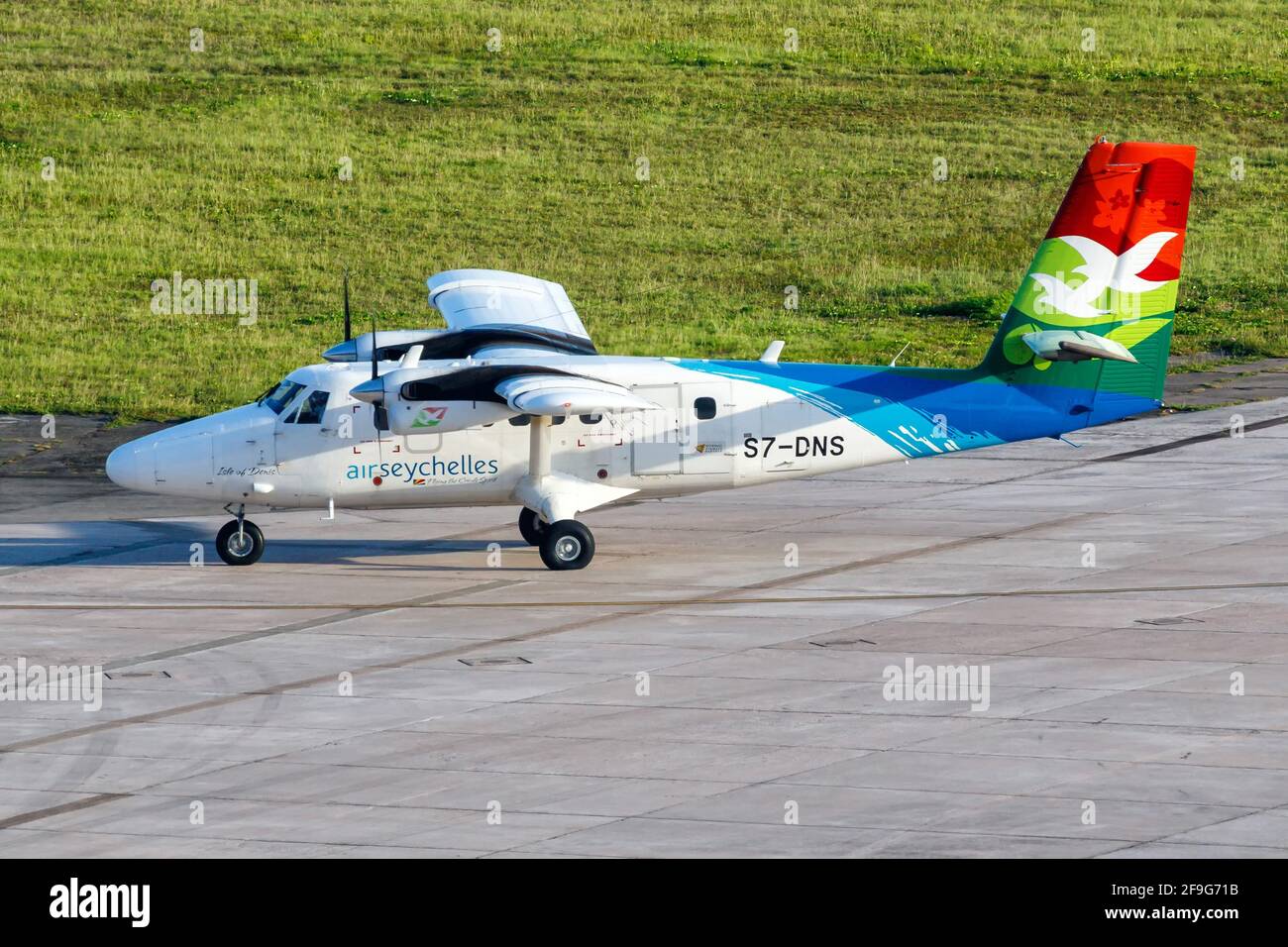 Mahe, Seychelles - November 25, 2017: Air Seychelles DHC-6-400 Twin Otter airplane at Seychelles International Airport (SEZ) in the Seychelles. Stock Photo