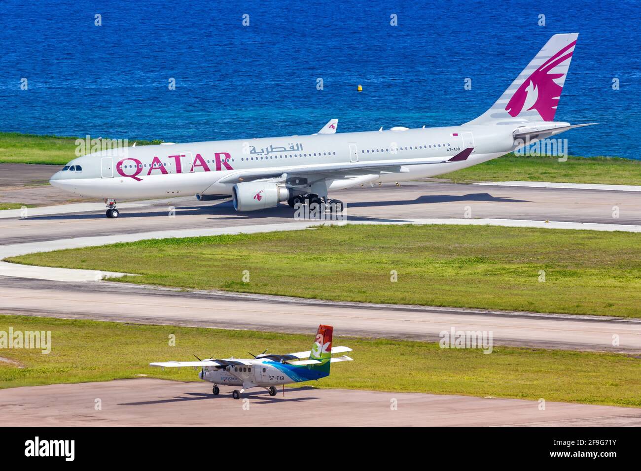 Mahe, Seychelles - November 25, 2017: Qatar Airways Airbus A330 airplane at Seychelles International Airport (SEZ) in the Seychelles. Airbus is a Euro Stock Photo