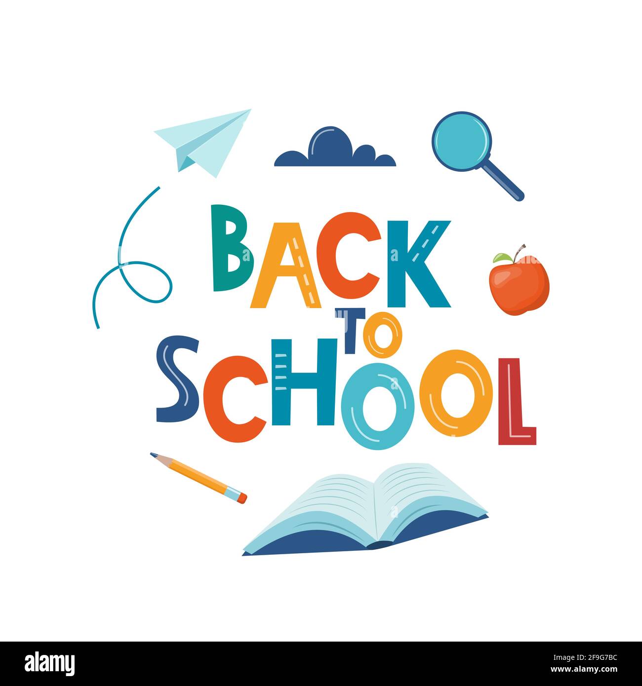 Back to school poster, banner. Lettering Back to school inscription with study supplies and paper airplane. Education concept design. Vector Stock Vector
