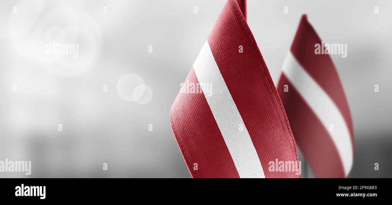 Small national flags of the Latvia on a light blurry background Stock Photo