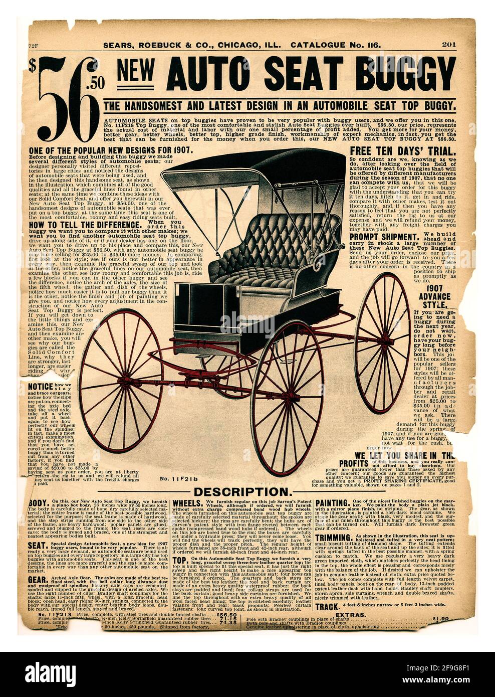 Vintage transport automobile seat top buggy 1907 Sears, Roebuck & Co. catalogue.  auto seat buggy. The advertisement includes: an illustration of the buggy, the price, $56.50  and a detailed description. The latest design in an automobile seat top buggy. Stock Photo