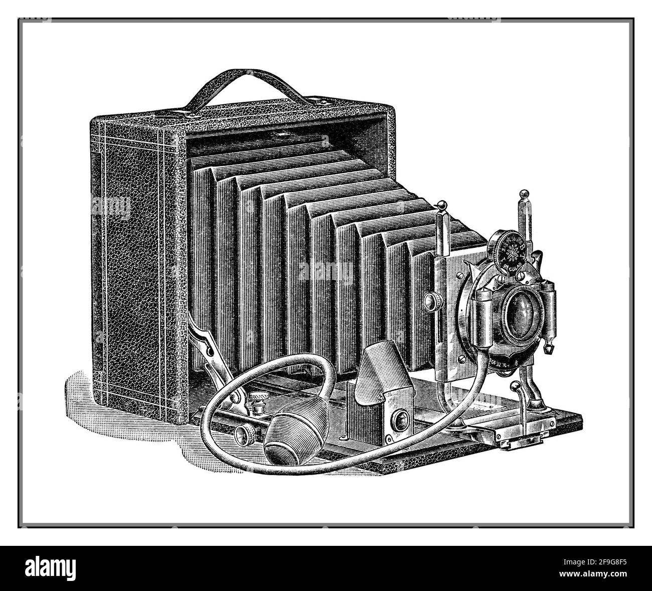 Vintage 1900's Sears and Roebuck catalogue illustration of a 1907 Seroco bellows film camera with air bulb shutter release Stock Photo