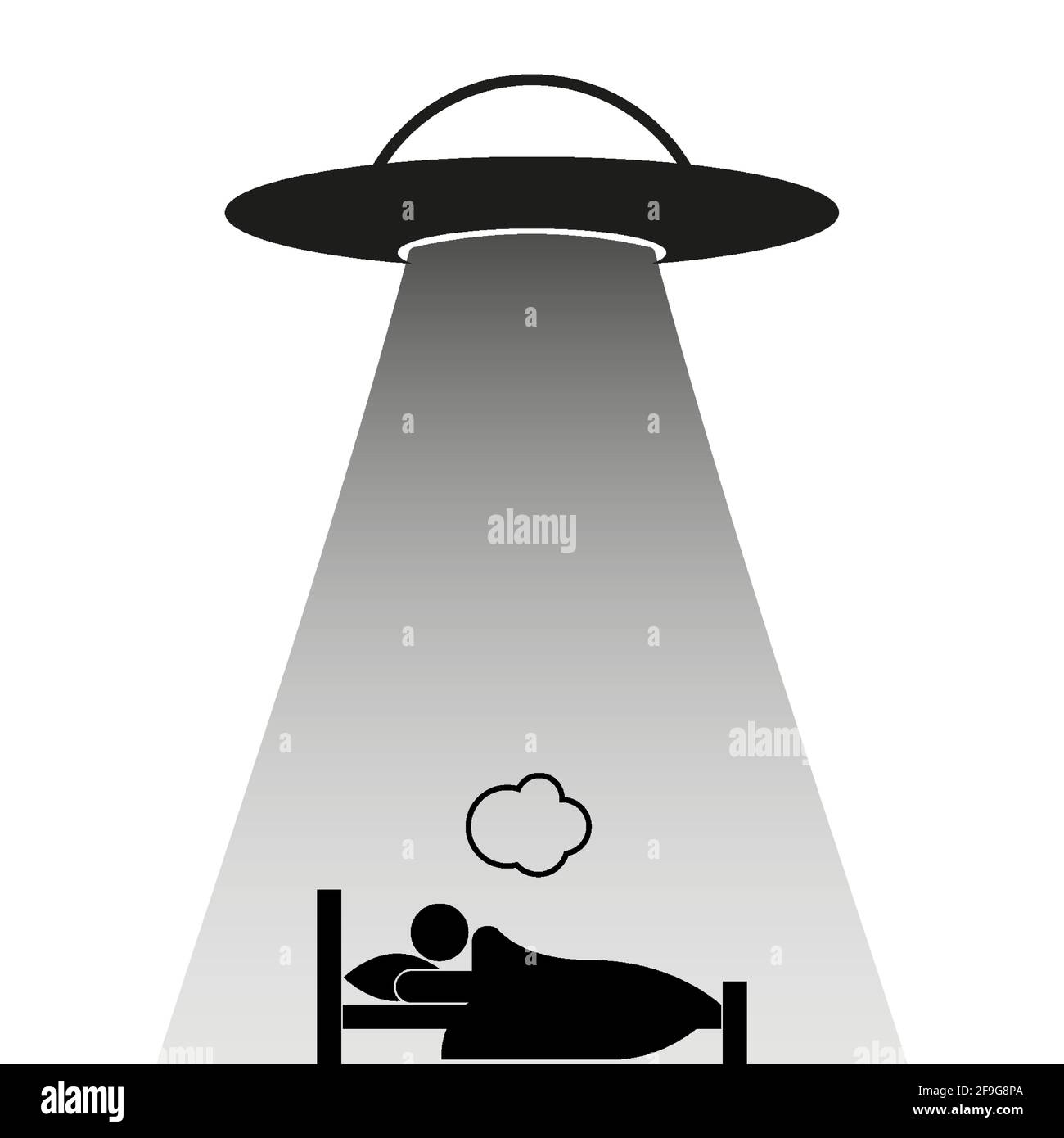 UFO abduction. Flying saucer abducts human. UFO kidnaps the sleeper. Simple icon. Flat vector illustration isolated on white. Stock Vector