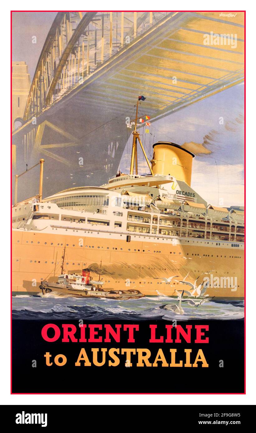 Vintage 1940's ORCADES Ocean Liner Steamship Orient Line to Australia Ten Pound Poms (or Ten Pound tourists) a colloquial term used in Australia and New Zealand to describe British citizens who migrated to Australia and New Zealand after the Second World War. The Orient Steam Navigation Company, also known as the Orient Line, was a British shipping company with roots going back to the late 18th century. From the early 20th century onwards an association began with P&O which became 51% shareholder in 1919 and culminated in the Orient Line being totally absorbed into that company in 1966. Stock Photo
