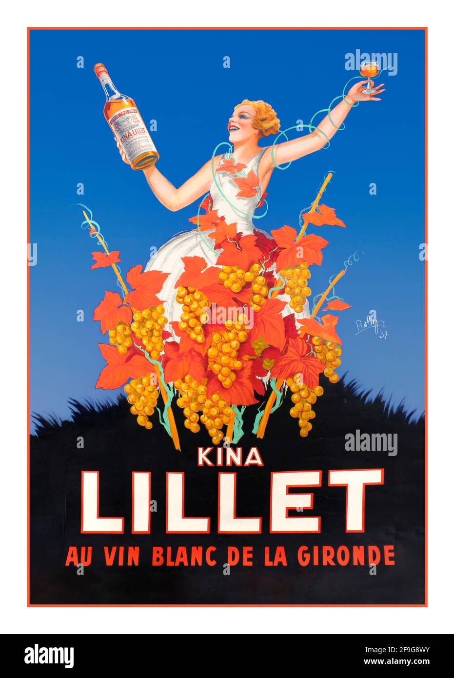 LILLET French drink poster 1930's lithograph vintage advertising promoting alcoholic white wine liqueur Kina Lillet. ' Kina Lillet - Au vin blanc de la gironde' appears below artwork of a woman with the product. Lillet classed as an aromatised wine within EU law,  a French wine-based aperitif from Podensac, a blend of 85% Bordeaux region wines (Semillon for the Blanc and for the Rosé, Merlot for the Rouge) and 15% macerated liqueurs, mostly citrus liqueurs (peels of sweet oranges from Spain and Morocco and peels of bitter green oranges from Haiti Stock Photo