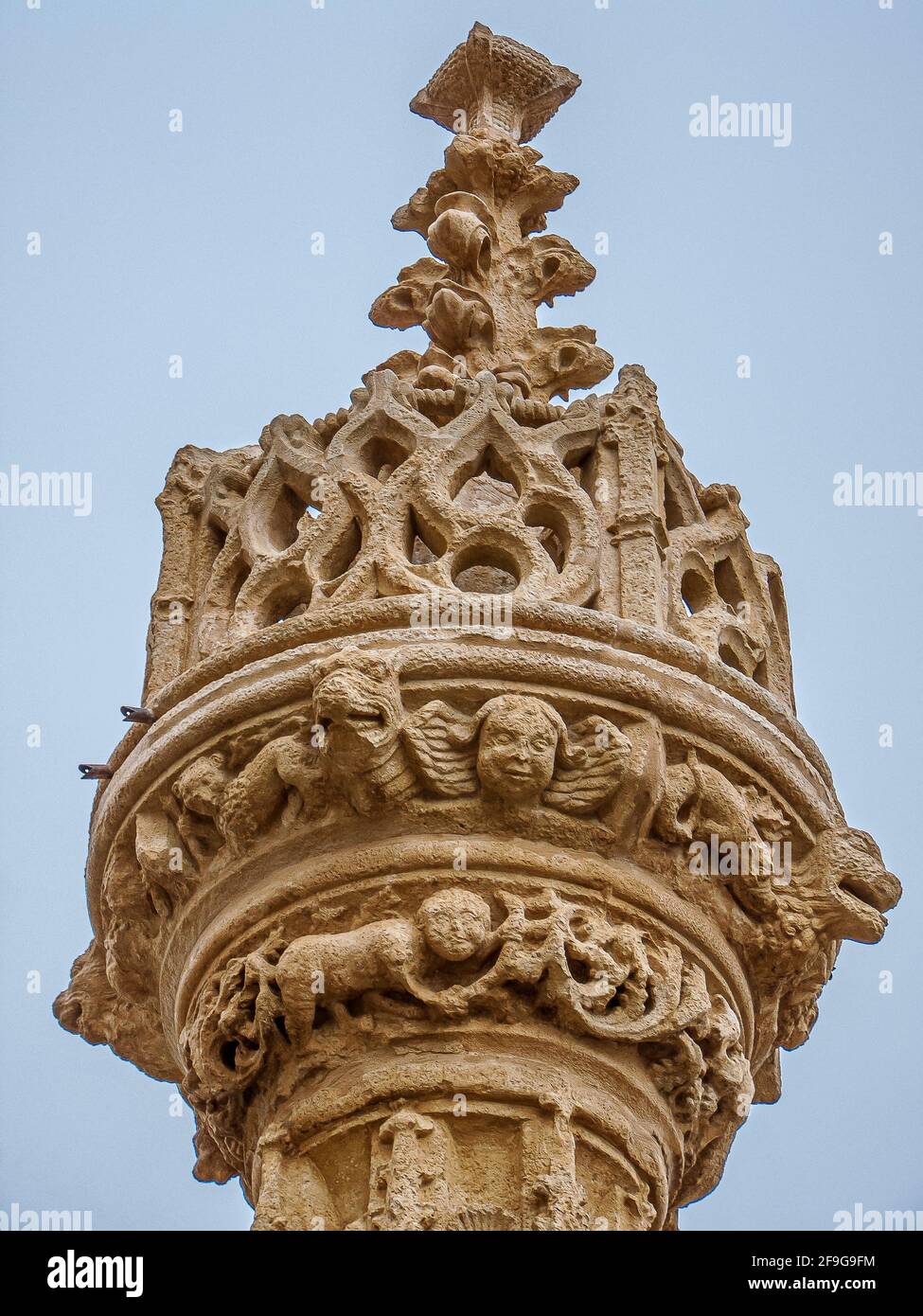 the medieval jurisdictional column Rollo with sculptured figures on the camino de santiago at Boadilla del Camino, Spain, October 21, 2009 Stock Photo