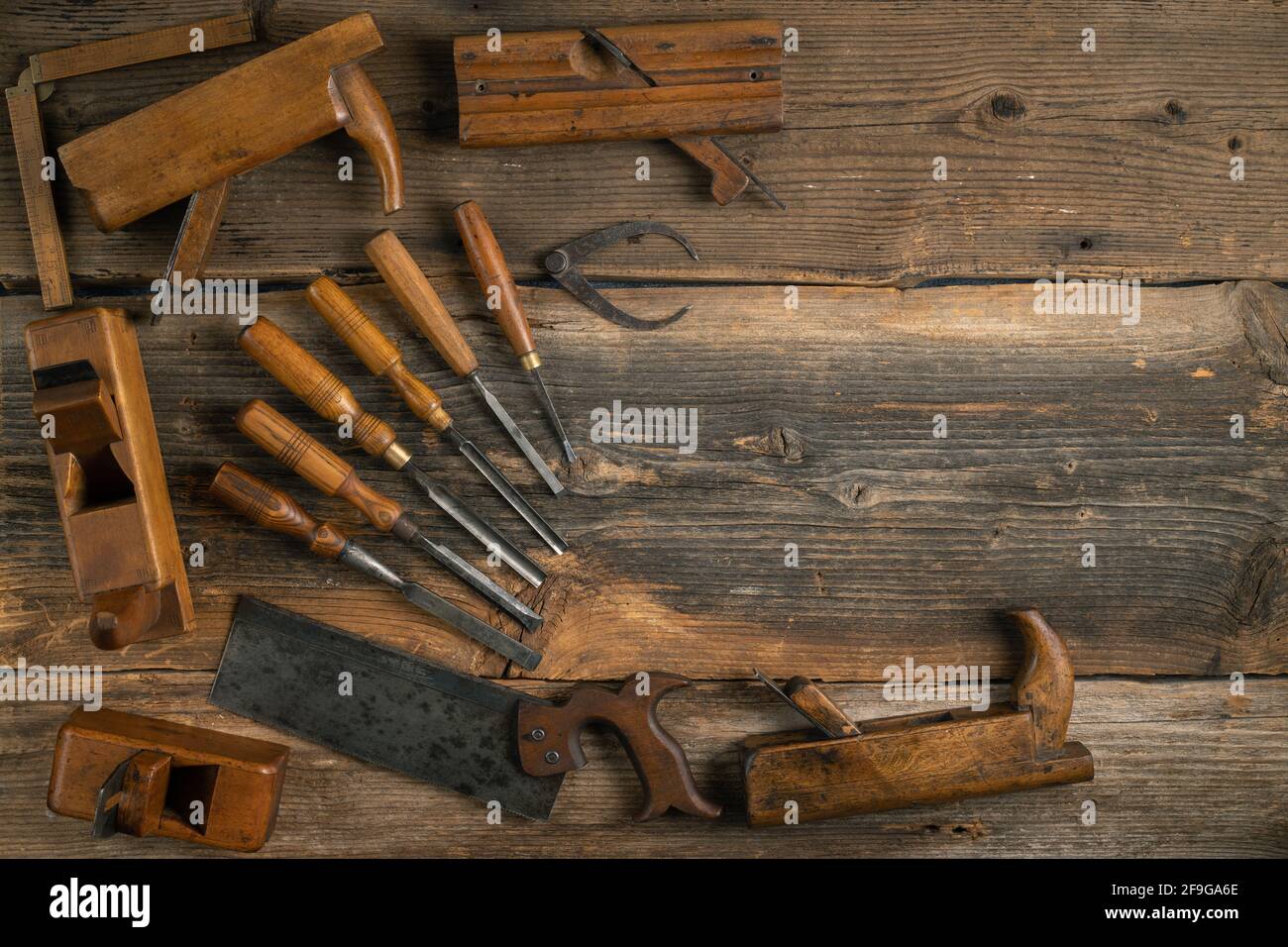 Joinery tools on wood table background with copy space Stock Photo
