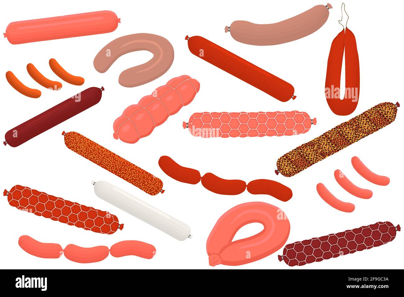 Illustration on theme big set different types delicatessen meat sausages. Delicatessen consisting of collectible natural tasty food meat sausages. Eat Stock Vector