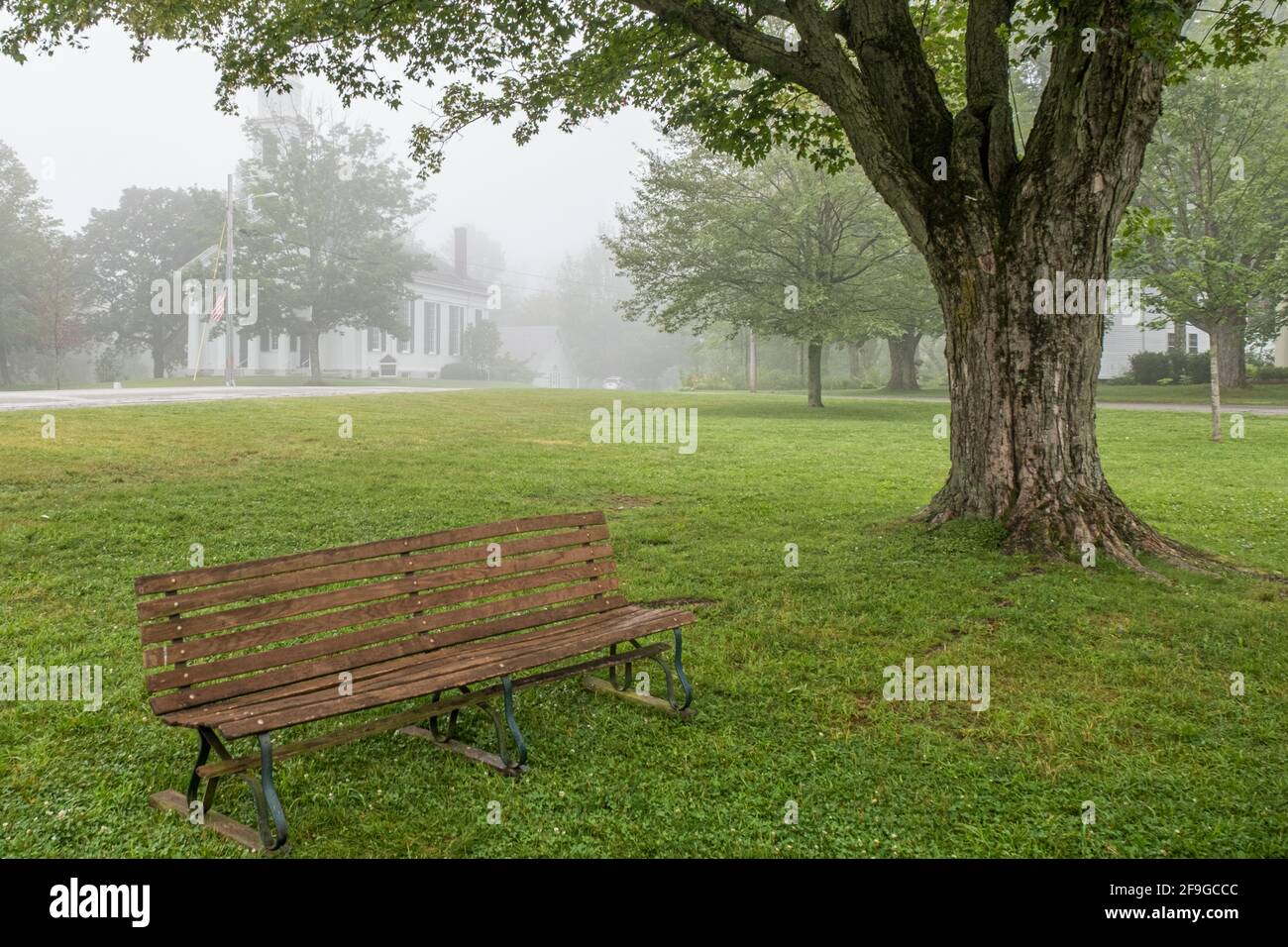 A foggy morning on the Petersham, Massachusetts Town Common Stock Photo