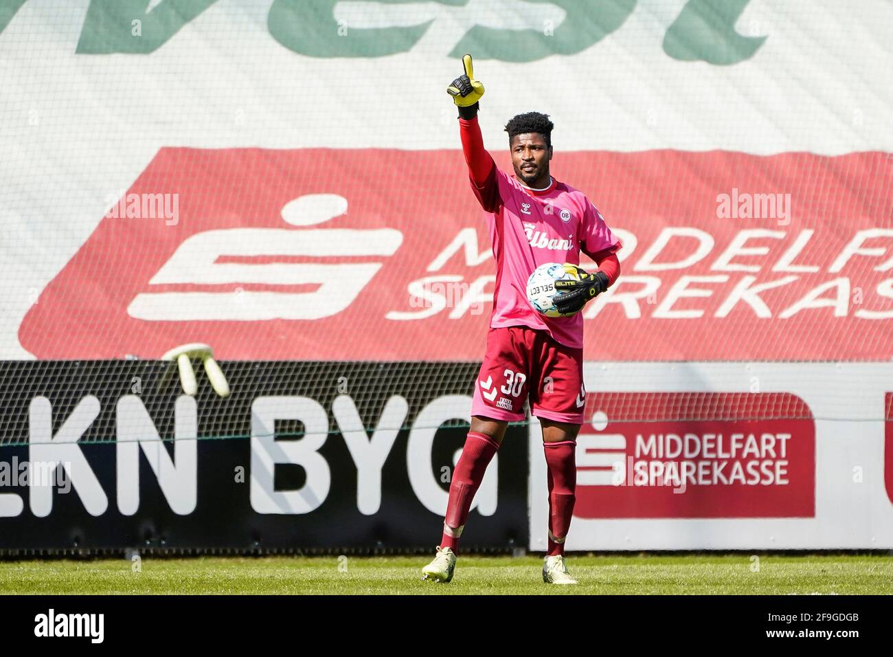 Odense, Denmark. 18th Apr, 2021. Goalkeeper Sayouba Mande (30) of OB seen during the 3F Superliga match between Odense Boldklub and Sonderjyske at Nature Energy Park in Odense. (Photo Credit: Gonzales Photo/Alamy Live News Stock Photo